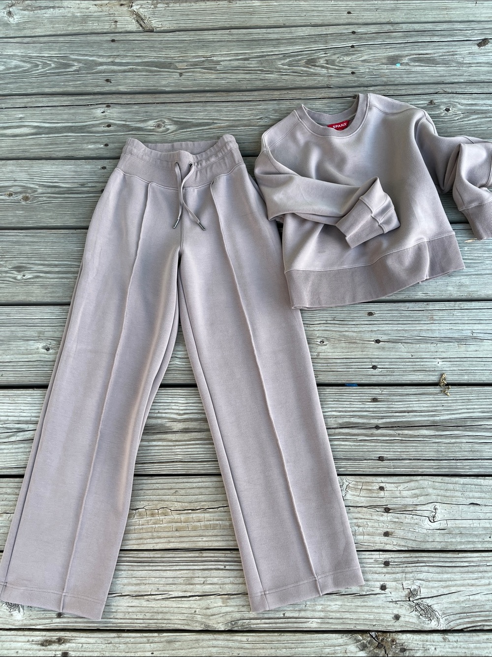 SPANX Wide Leg Pants & Matching Sweatshirt Set in Light Taupe